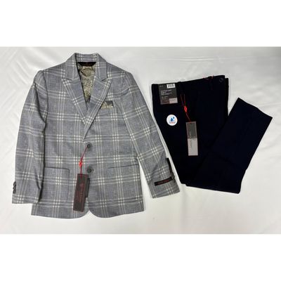 2PC GREY BLUE PLAID BLAZER-BLACK PANT SLIM FIT / 5468-LZDT-504
