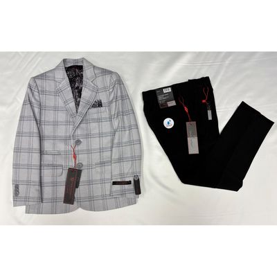 2PC GREY HAVANA PLAID BLACK PANT SLIM FIT / 5467-LZK504