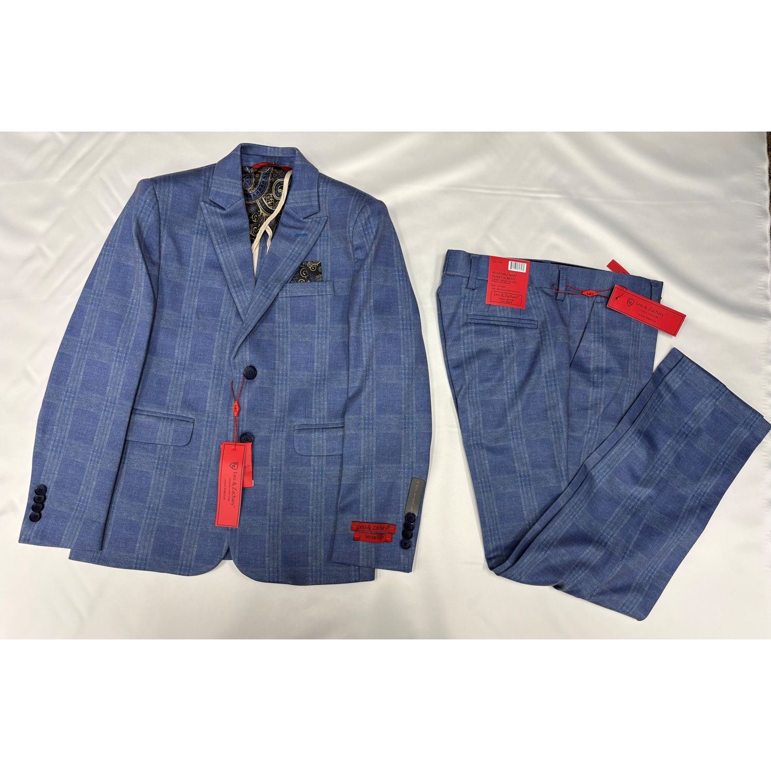 BLZ5844 MID BLUE PLAID 2PC SUIT HUSKY STRETCH /