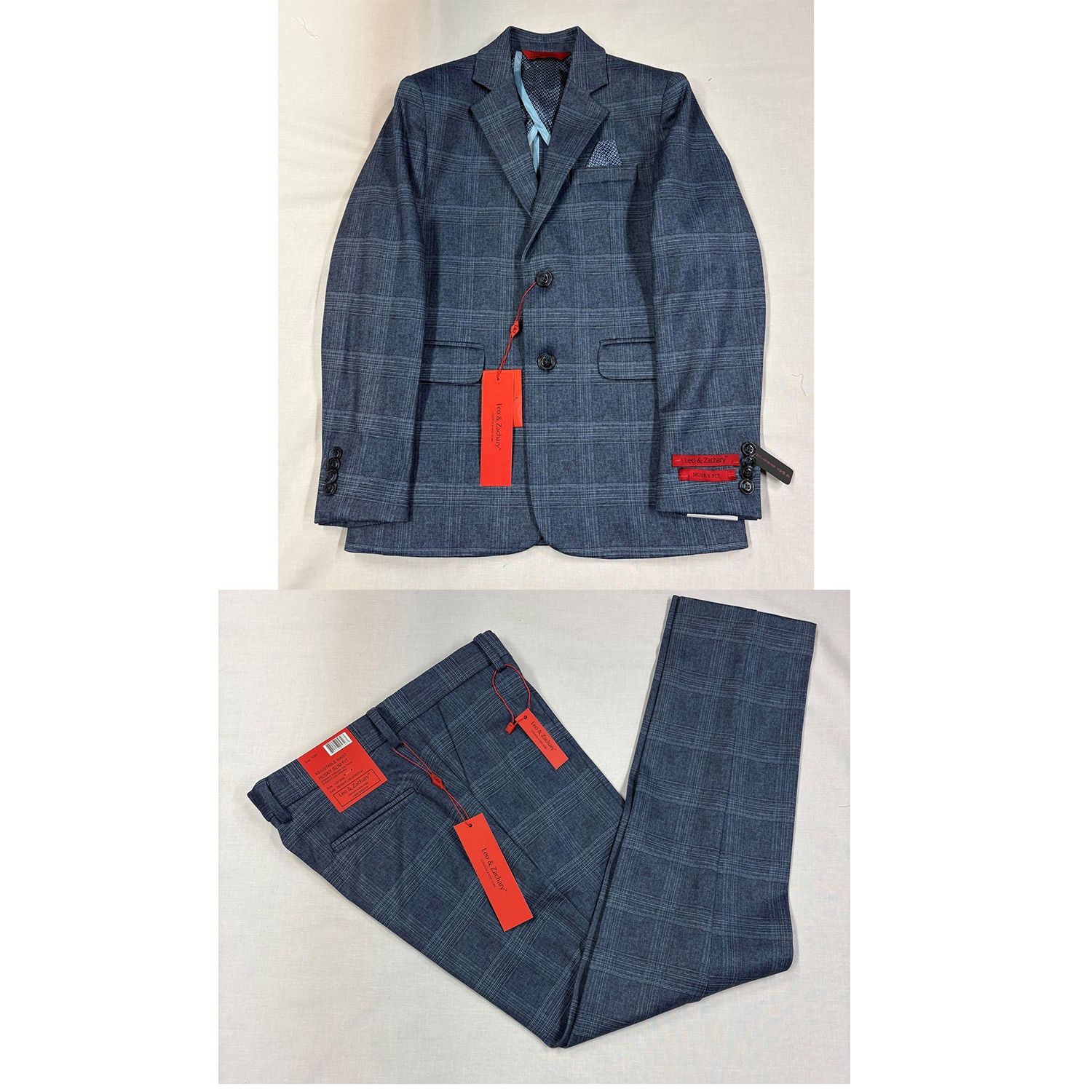 DENIM BLUE PLAID 2PC SUIT HUSKY STRETCH / BLZH5820