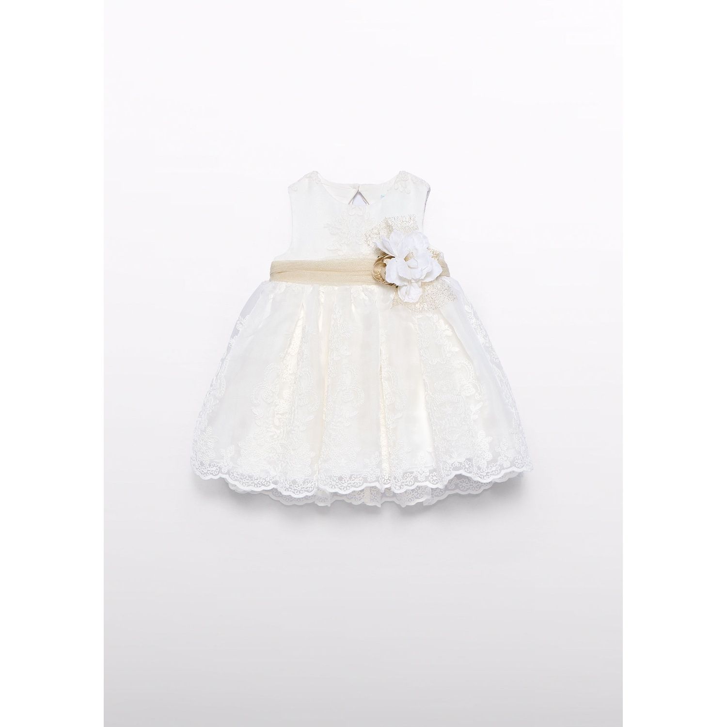 CREAM DRESS EMBROIDERED ORGANDY BELT & FLOWER APPLIQUE / 5007-007