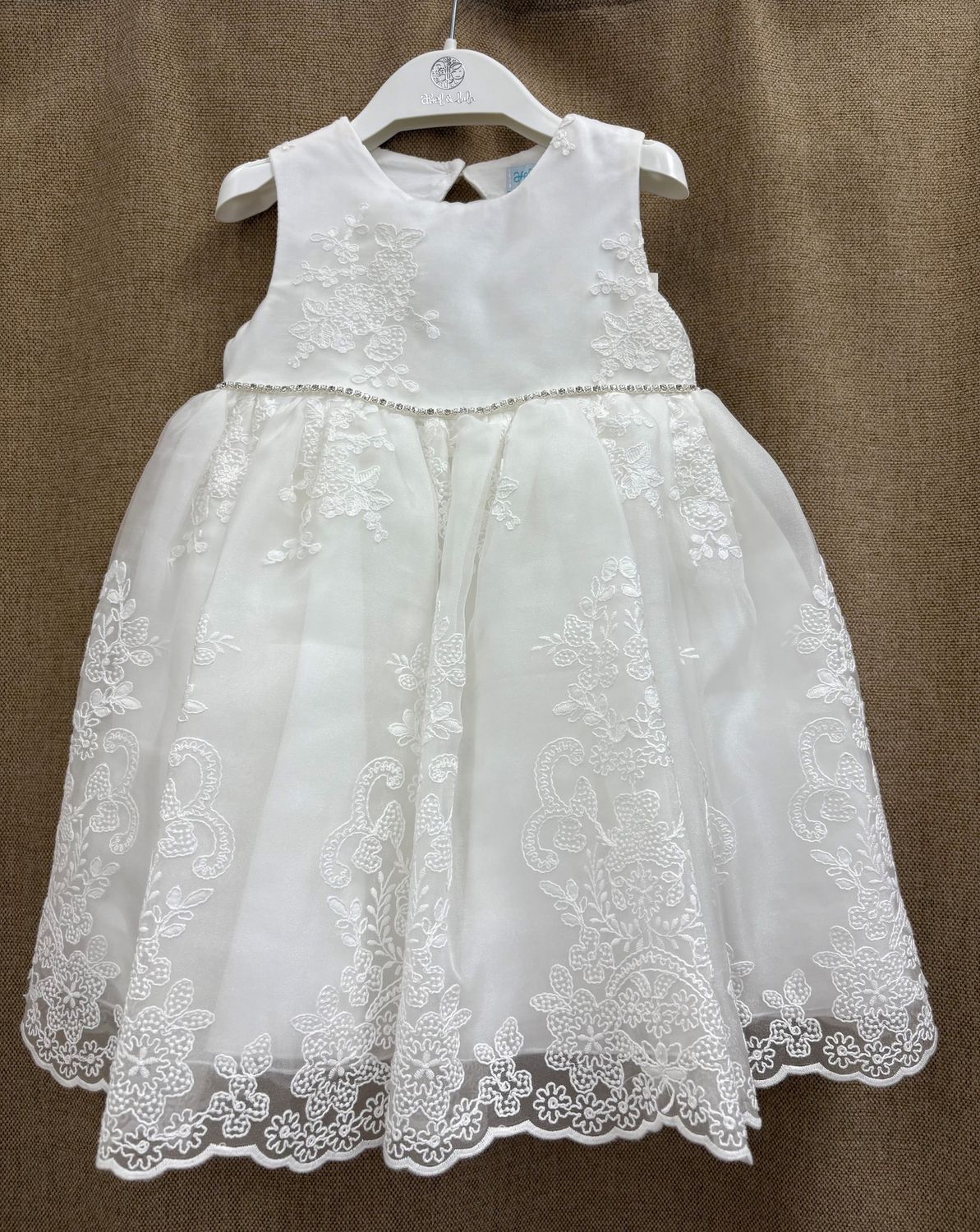 CREAM ORGANZA EMBROIDERED DRESS RHINESTONE BELT KEYHOLE BACK / 5007-007