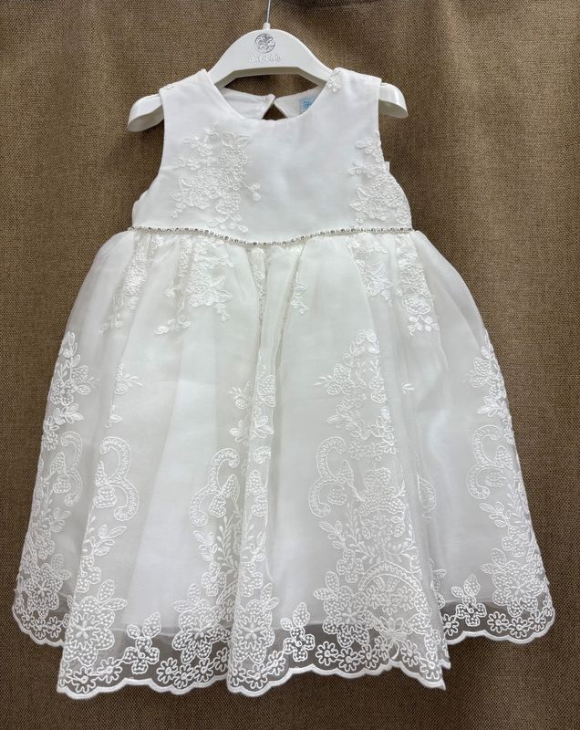 CREAM ORGANZA EMBROIDERED DRESS RHINESTONE BELT KEYHOLE BACK / 5007-007
