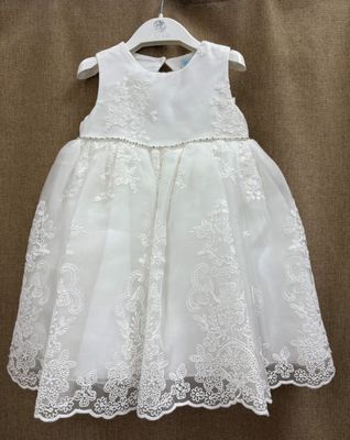 CREAM ORGANZA EMBROIDERED DRESS RHINESTONE BELT KEYHOLE BACK / 5007-007