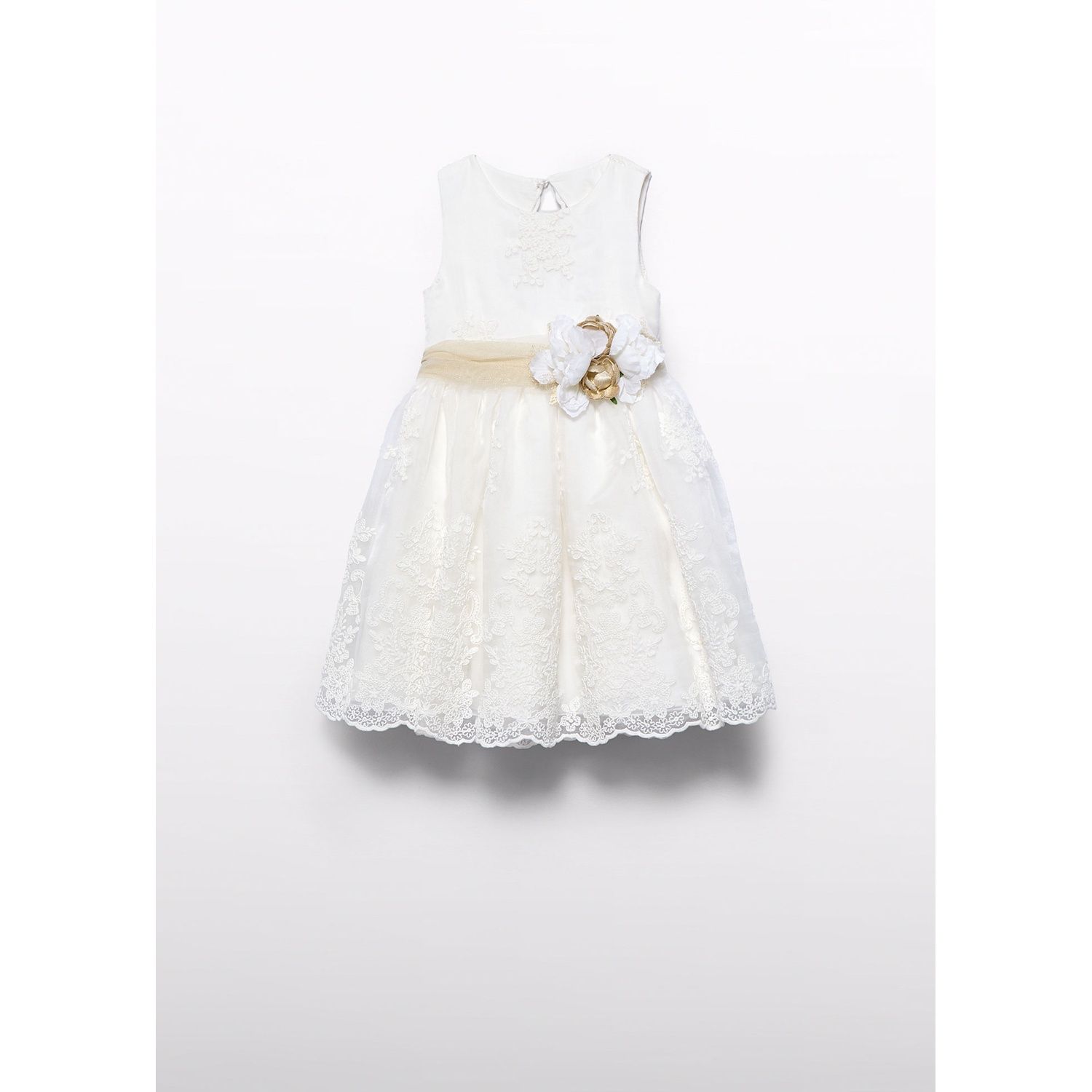 CREAM DRESS EMBROIDERED ORGANDY BELT FLOWER TRIM OPEN BACK / 5037-007