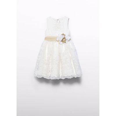 CREAM DRESS EMBROIDERED ORGANDY BELT FLOWER TRIM OPEN BACK / 5037-007