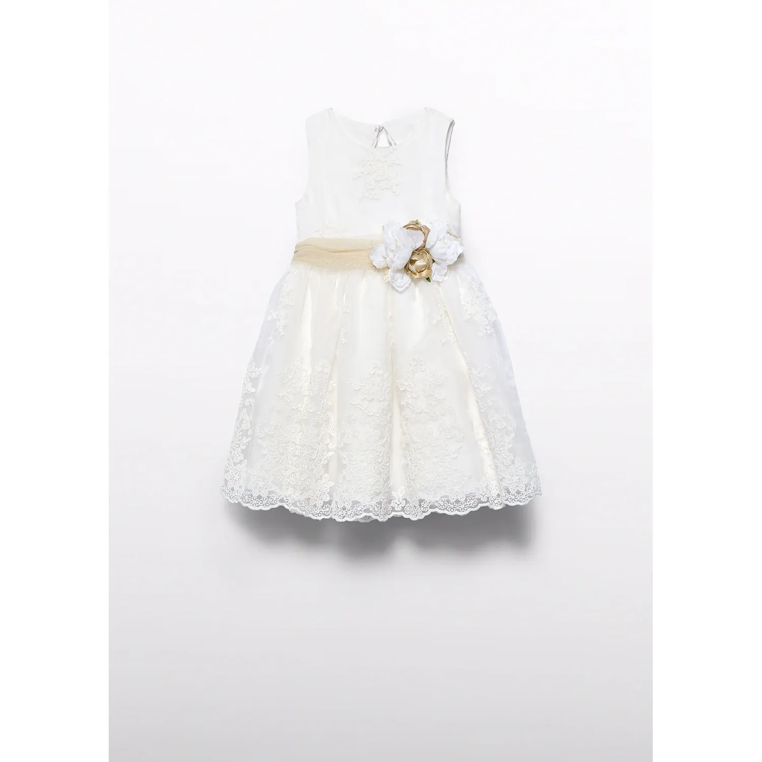 CREAM DRESS EMBROIDERED ORGANDY BELT FLOWER TRIM OPEN BACK / 5037-007