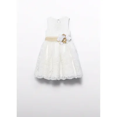 CREAM DRESS EMBROIDERED ORGANDY BELT FLOWER TRIM OPEN BACK / 5037-007