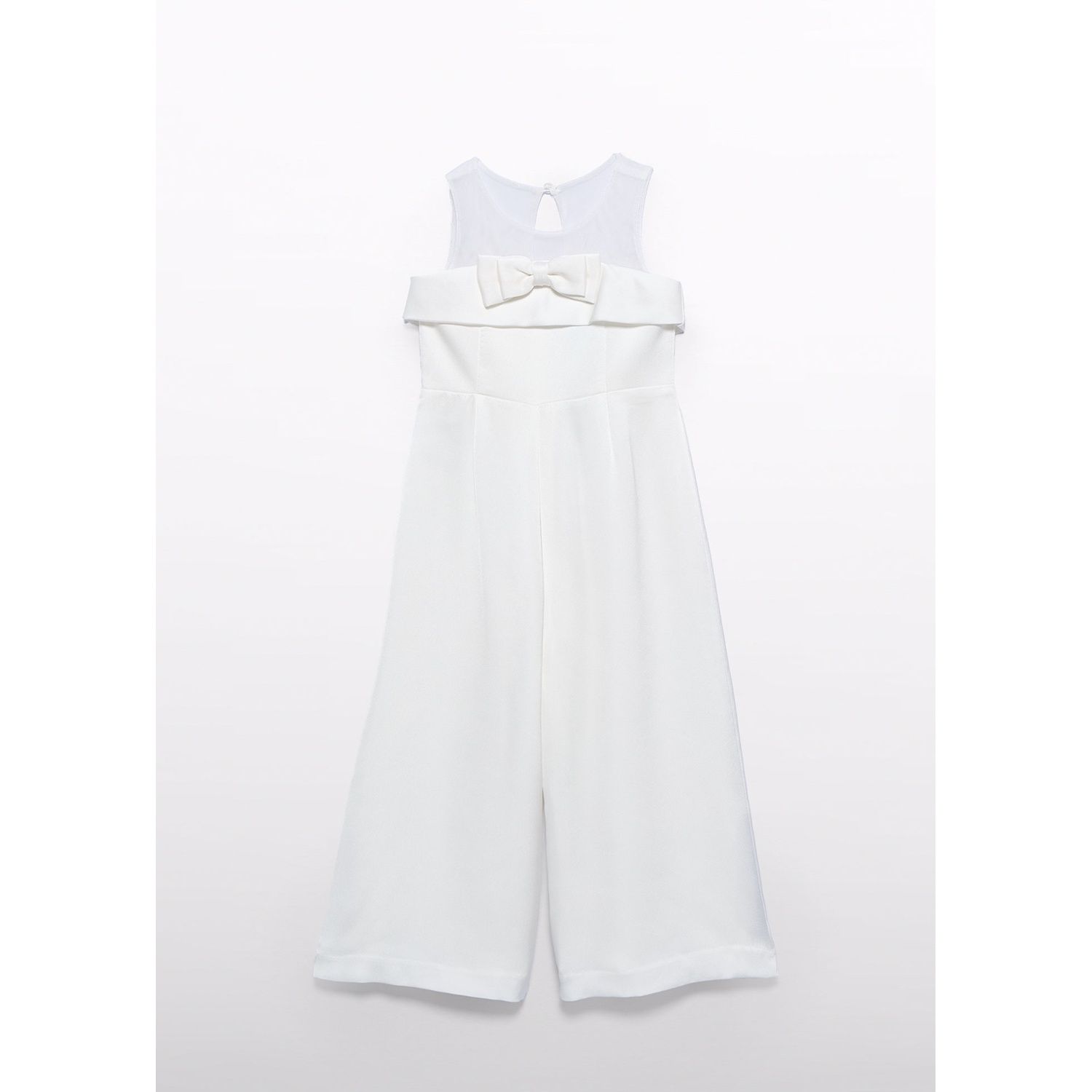 CREAM CREPE JUMPSUIT SHEER NECKLINE BOW TRIM / 5219-094