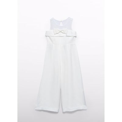 CREAM CREPE JUMPSUIT SHEER NECKLINE BOW TRIM / 5219-094