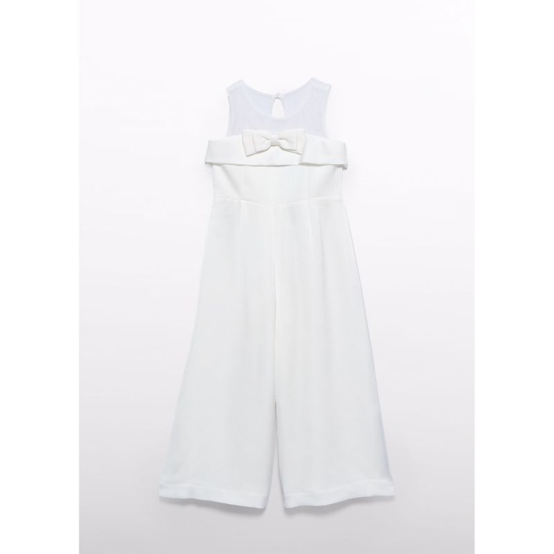 CREAM CREPE JUMPSUIT SHEER NECKLINE BOW TRIM / 5219-094