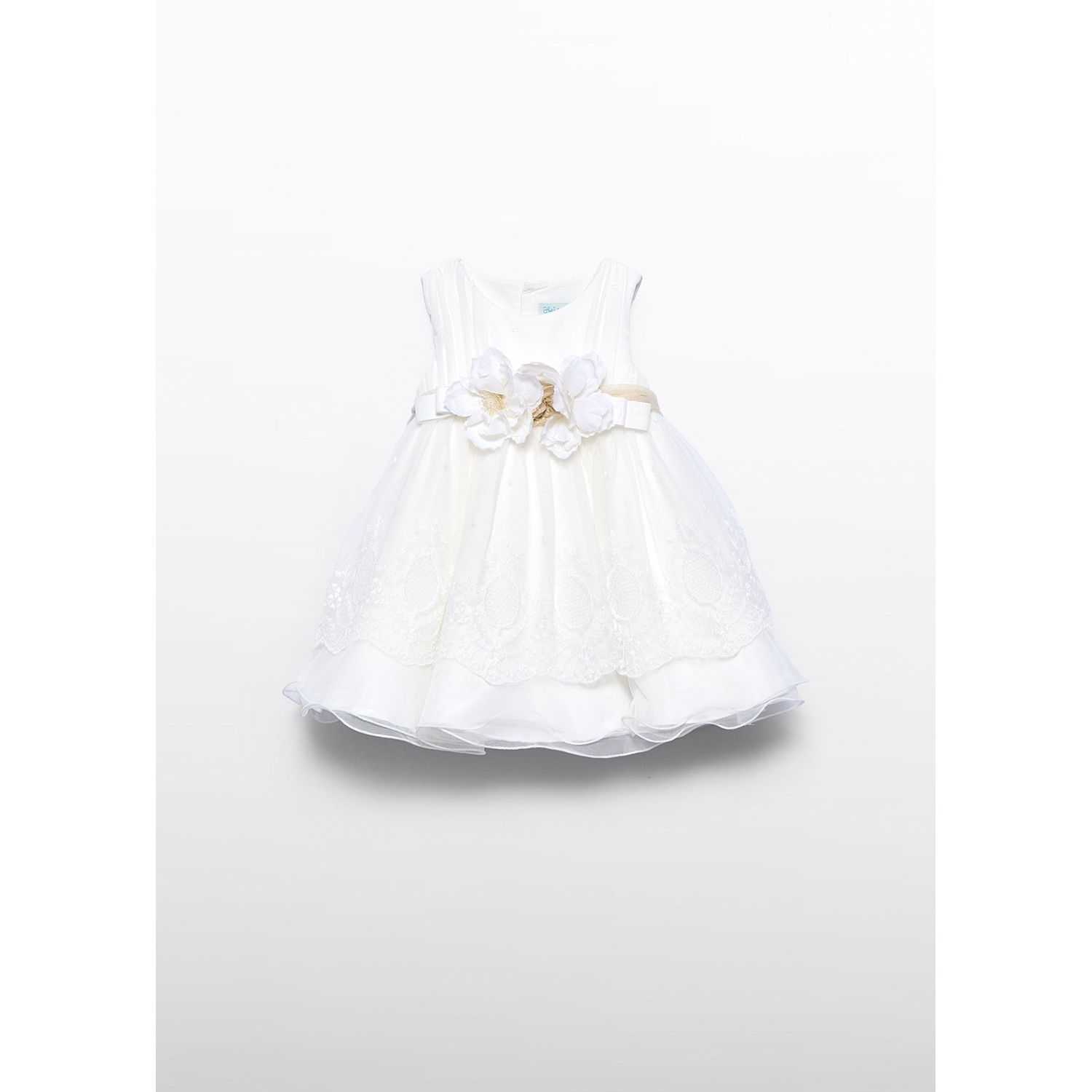CREAM EMBROIDERED TULLE DRESS GOLD BELT 2 TIERS / 5004-076
