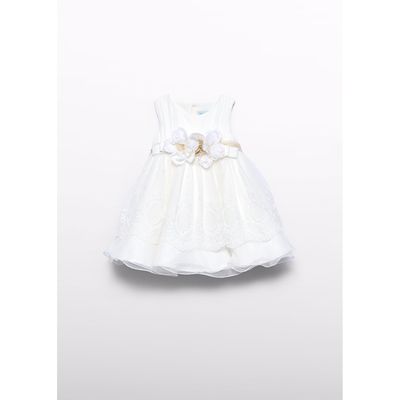 CREAM EMBROIDERED TULLE DRESS GOLD BELT 2 TIERS / 5004-076