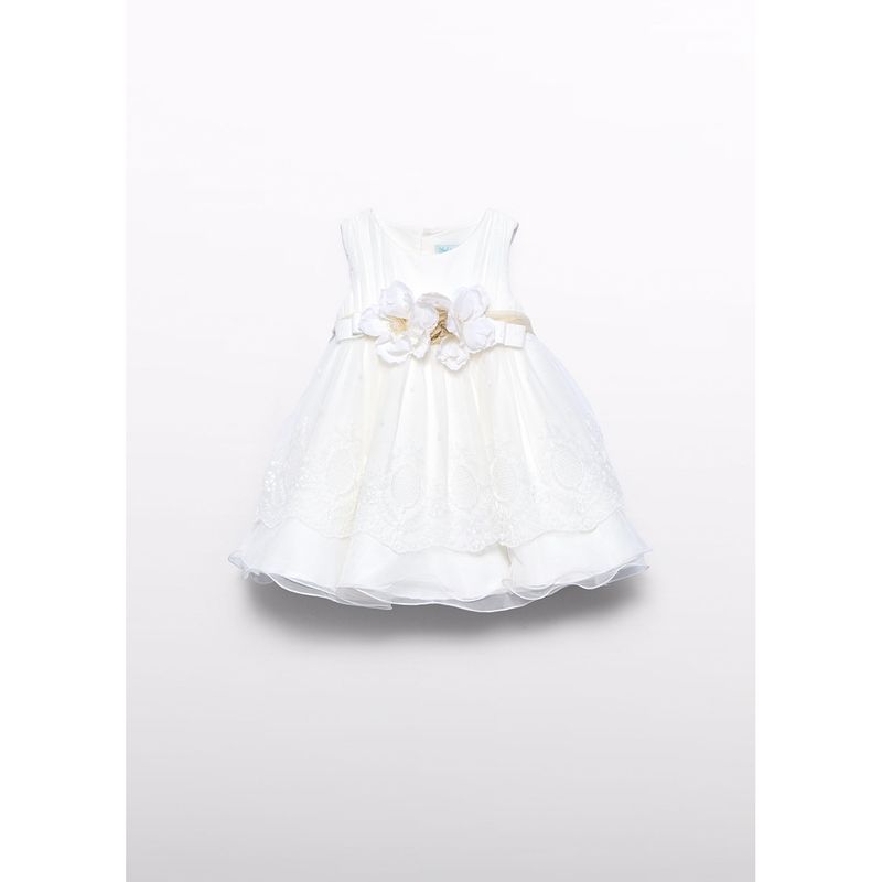 CREAM EMBROIDERED TULLE DRESS GOLD BELT 2 TIERS / 5004-076