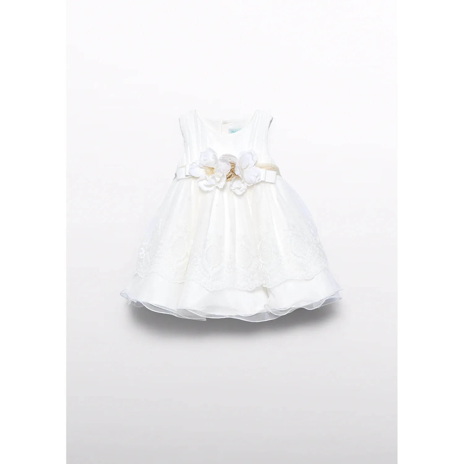 CREAM EMBROIDERED TULLE DRESS GOLD BELT 2 TIERS / 5004-076