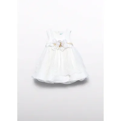 CREAM EMBROIDERED TULLE DRESS GOLD BELT 2 TIERS / 5004-076