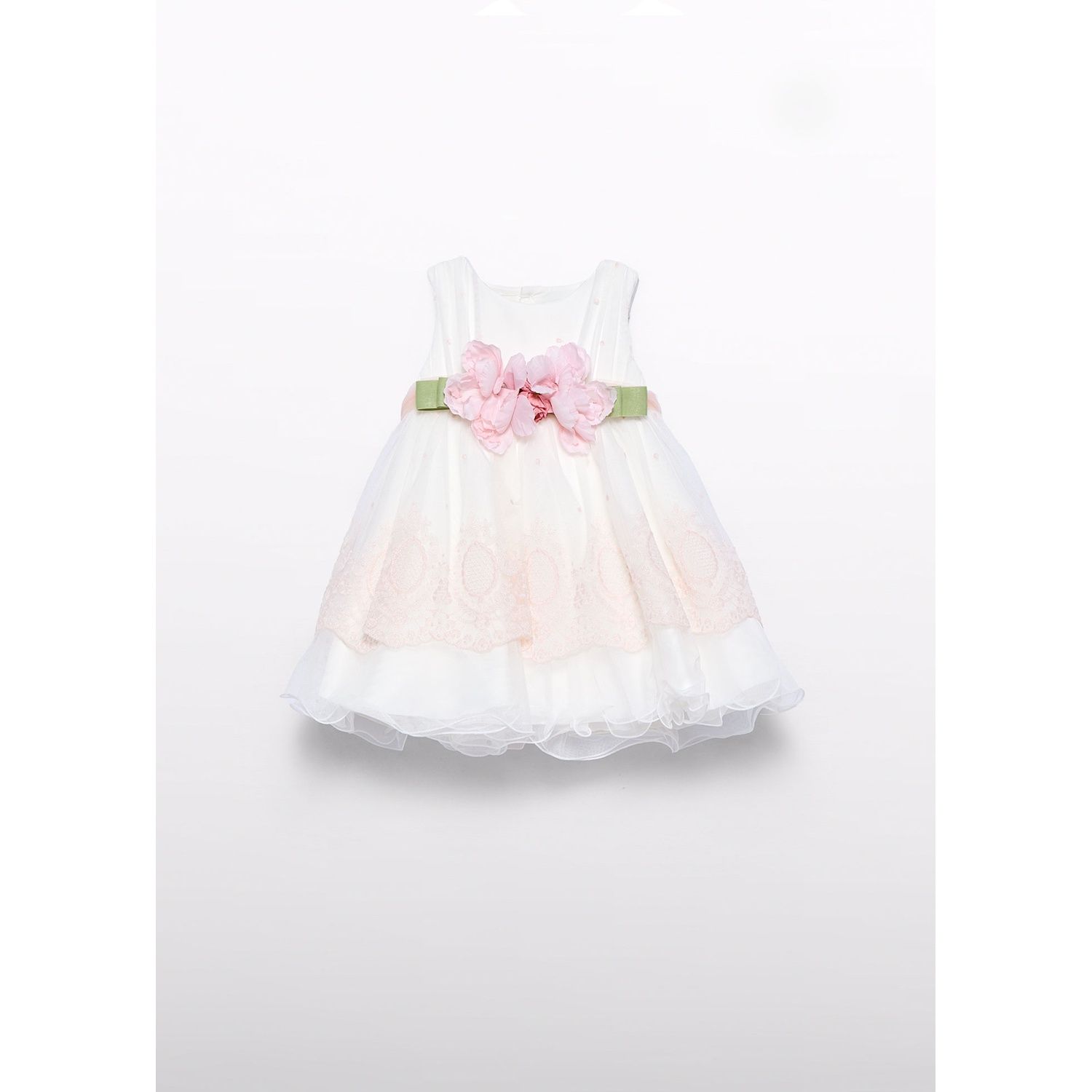 CREAM & PINK DRESS EMBROIDERED TULLE WITH BELT & FLOWER APPLIQUE / 5004-077