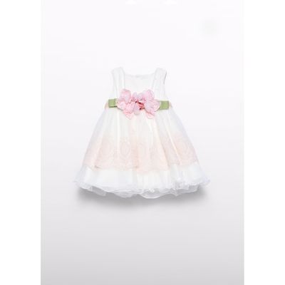 CREAM & PINK DRESS EMBROIDERED TULLE WITH BELT & FLOWER APPLIQUE / 5004-077