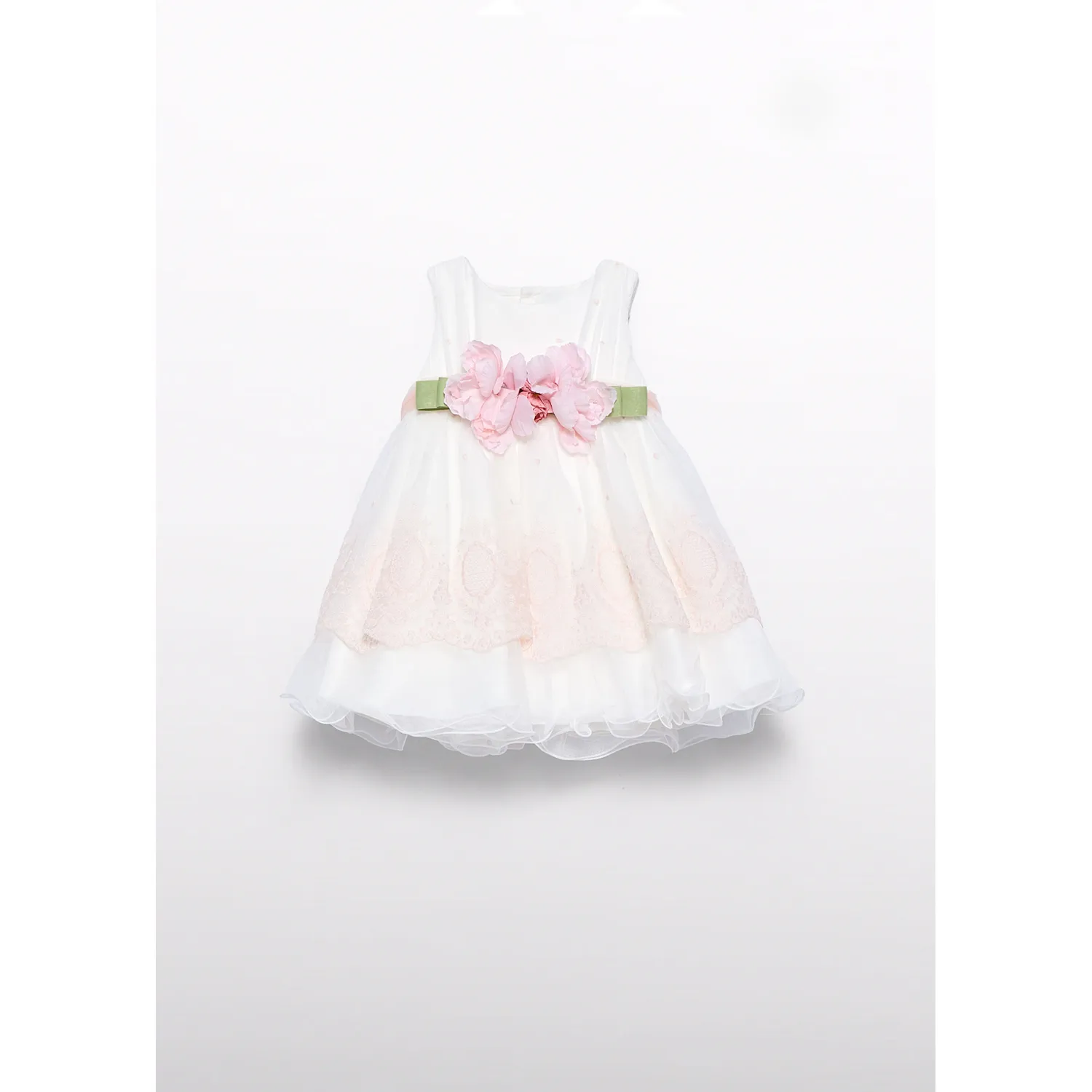 CREAM & PINK DRESS EMBROIDERED TULLE WITH BELT & FLOWER APPLIQUE / 5004-077