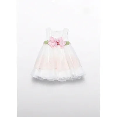 CREAM & PINK DRESS EMBROIDERED TULLE WITH BELT & FLOWER APPLIQUE / 5004-077 CREAM & PINK DRESS EMBROIDERED TULLE WITH BELT & FLOWER APPLIQUE / 5004-077