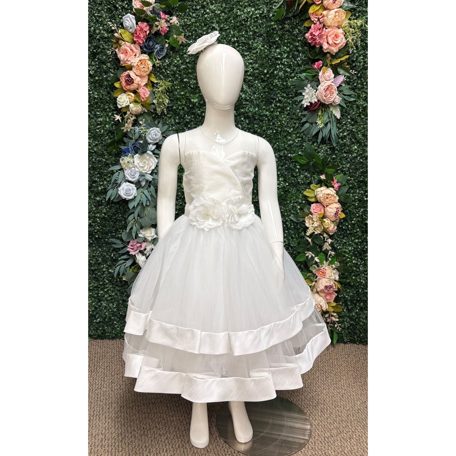 CREAM DRESS  SHANTUNG & TULLE 2TIERS FLOWER BELT TRIM / 5035-050