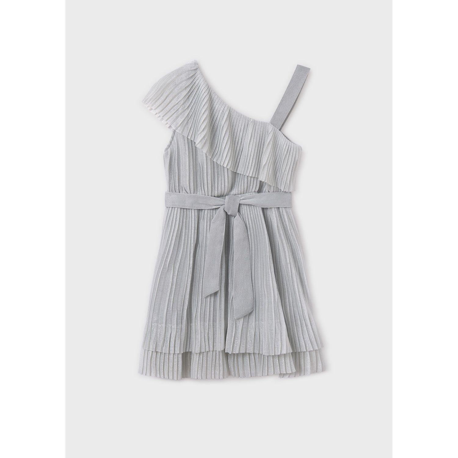 SILVER PLEATED TULLE DRESS & BELT OFF THE SHOULDER / 6977-055