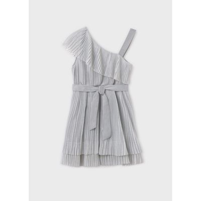 SILVER PLEATED TULLE DRESS & BELT OFF THE SHOULDER / 6977-055