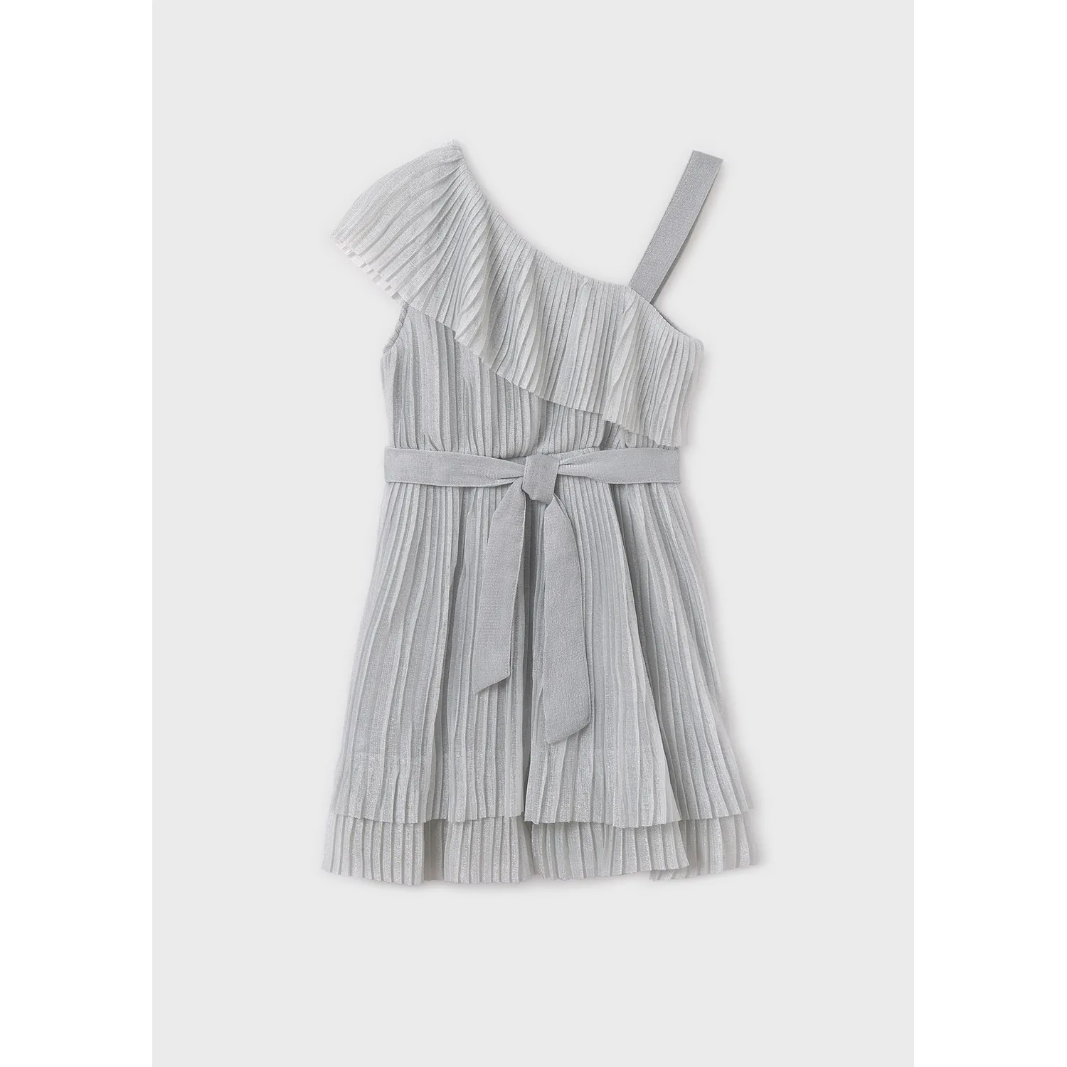 SILVER PLEATED TULLE DRESS & BELT OFF THE SHOULDER / 6977-055 SILVER PLEATED TULLE DRESS & BELT OFF THE SHOULDER / 6977-055