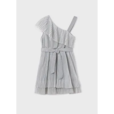 SILVER PLEATED TULLE DRESS & BELT OFF THE SHOULDER / 6977-055