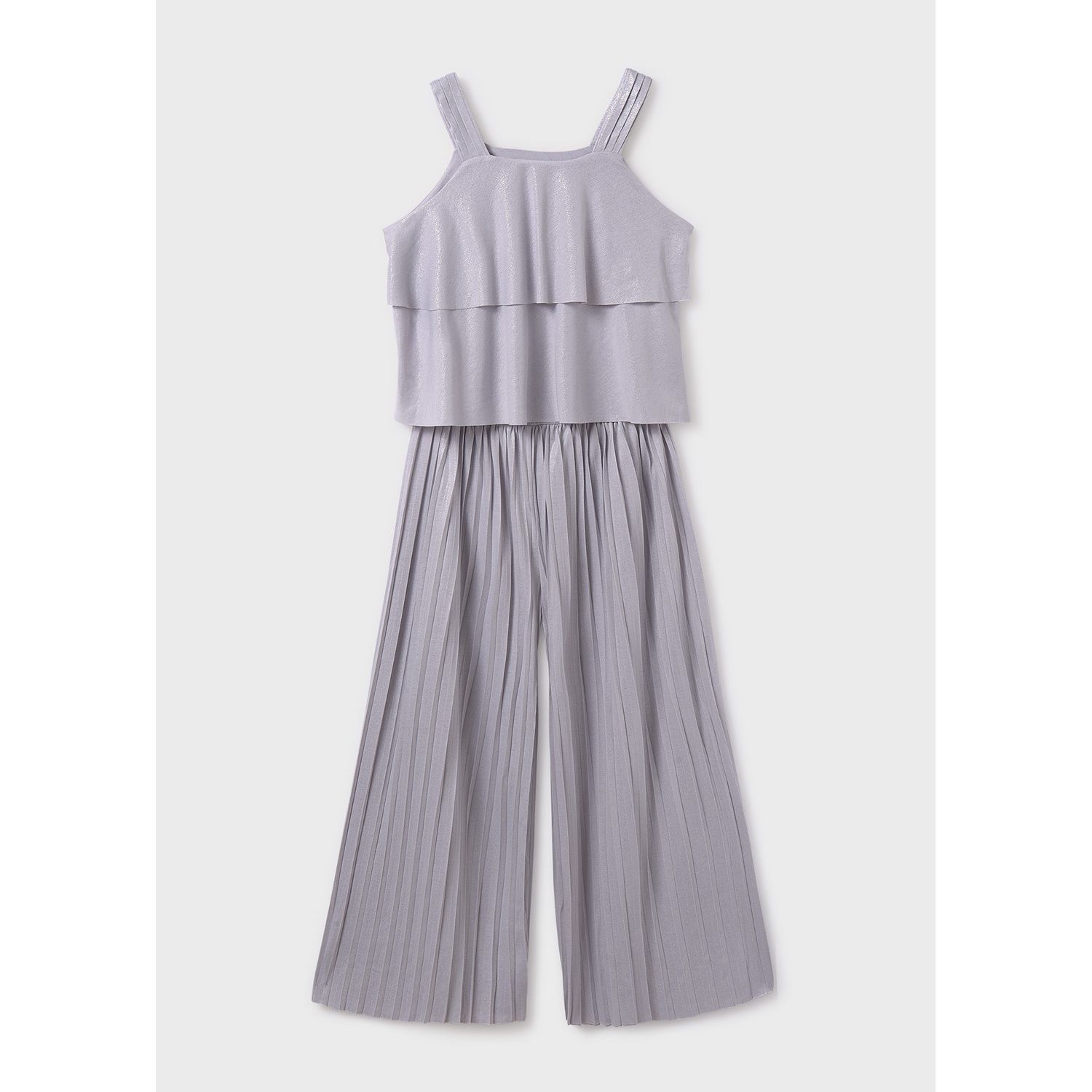 SILVER 2PC PLEATED PANT SET SHOULDER STRAPS / 6541-023
