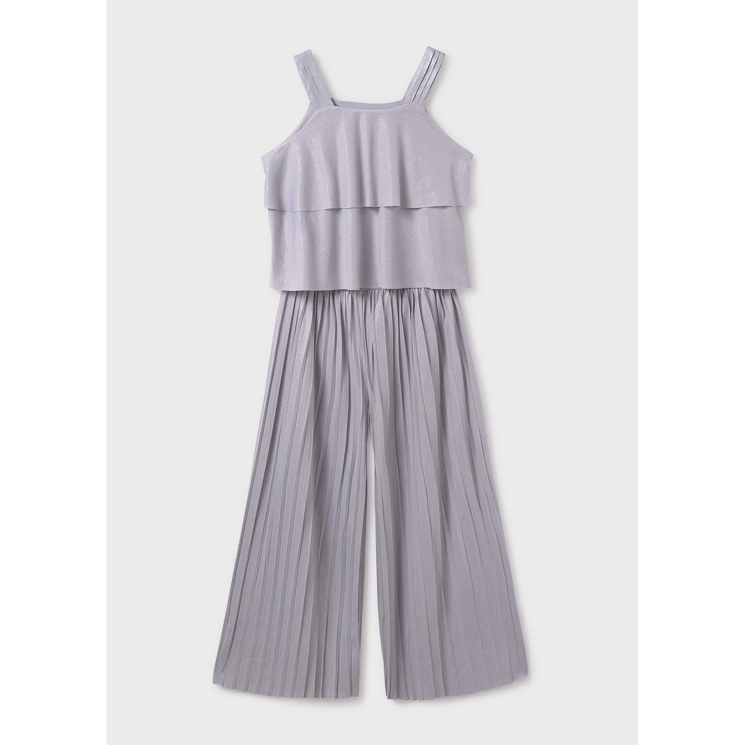 SILVER 2PC PLEATED PANT SET SHOULDER STRAPS / 6541-023