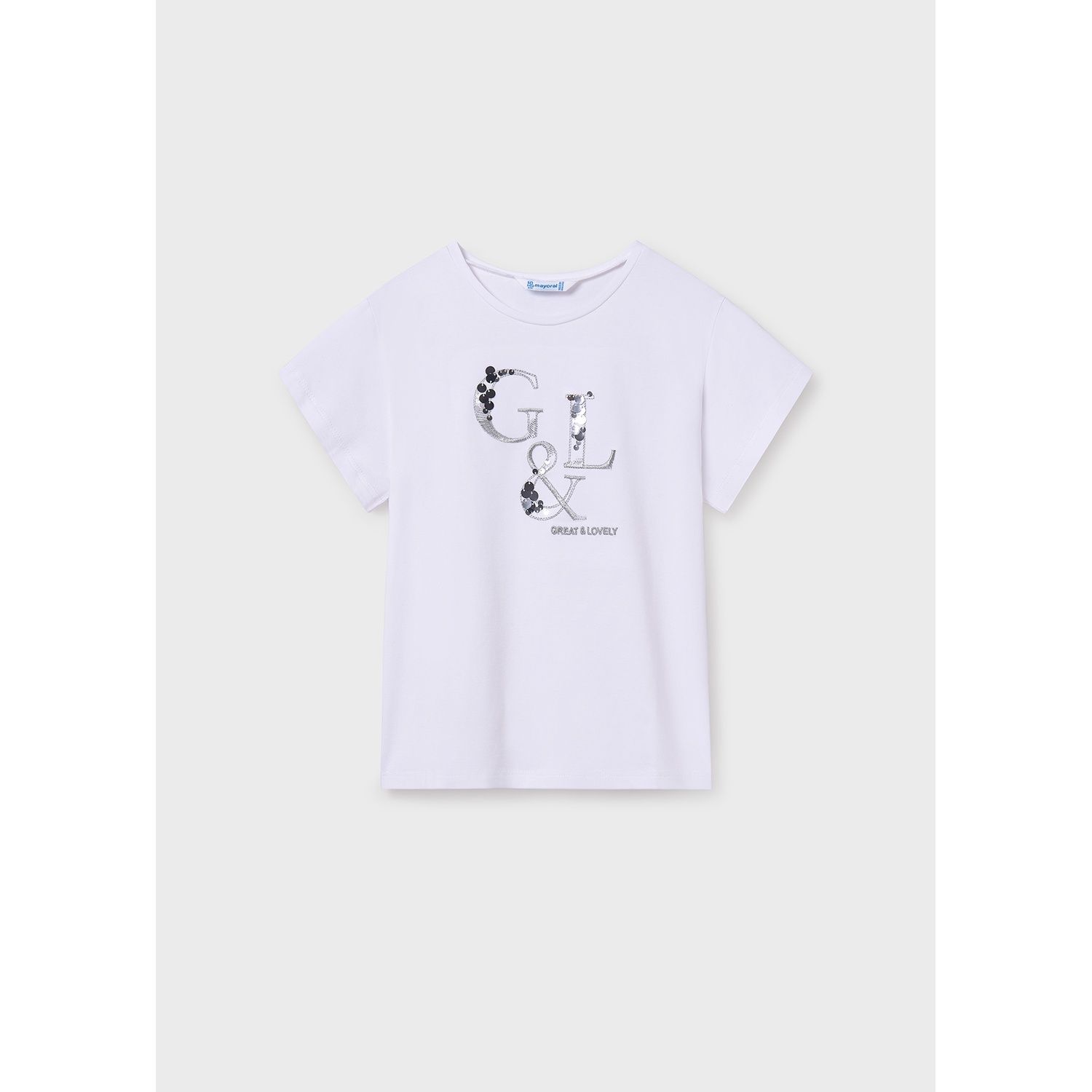 WHITE TSHIRT SILVER EMBROIDRY & SEQUIN TRIM / 854-078