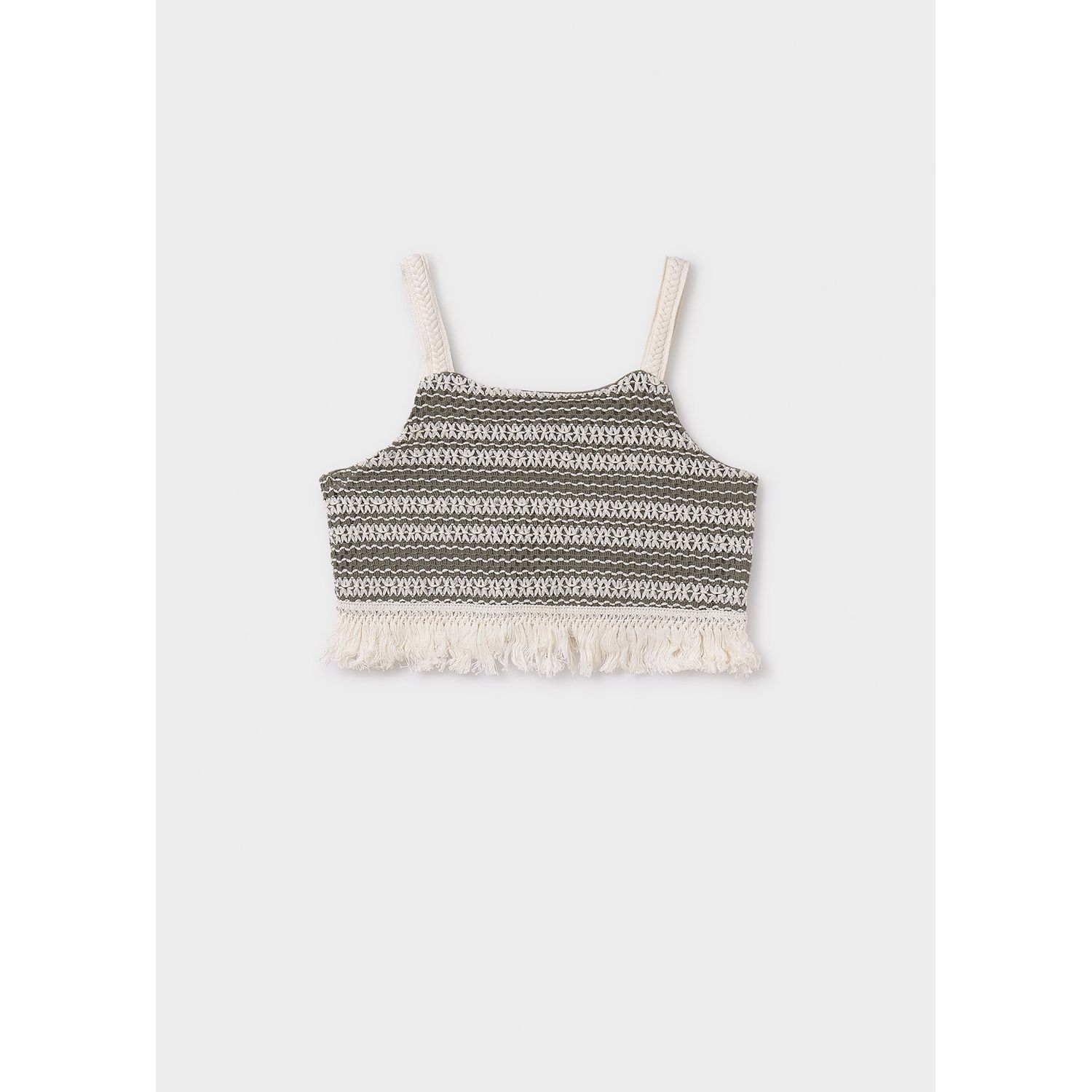 GREEN & CREAM CROCHET CROP TOP WITH FRINGE / 6040-029