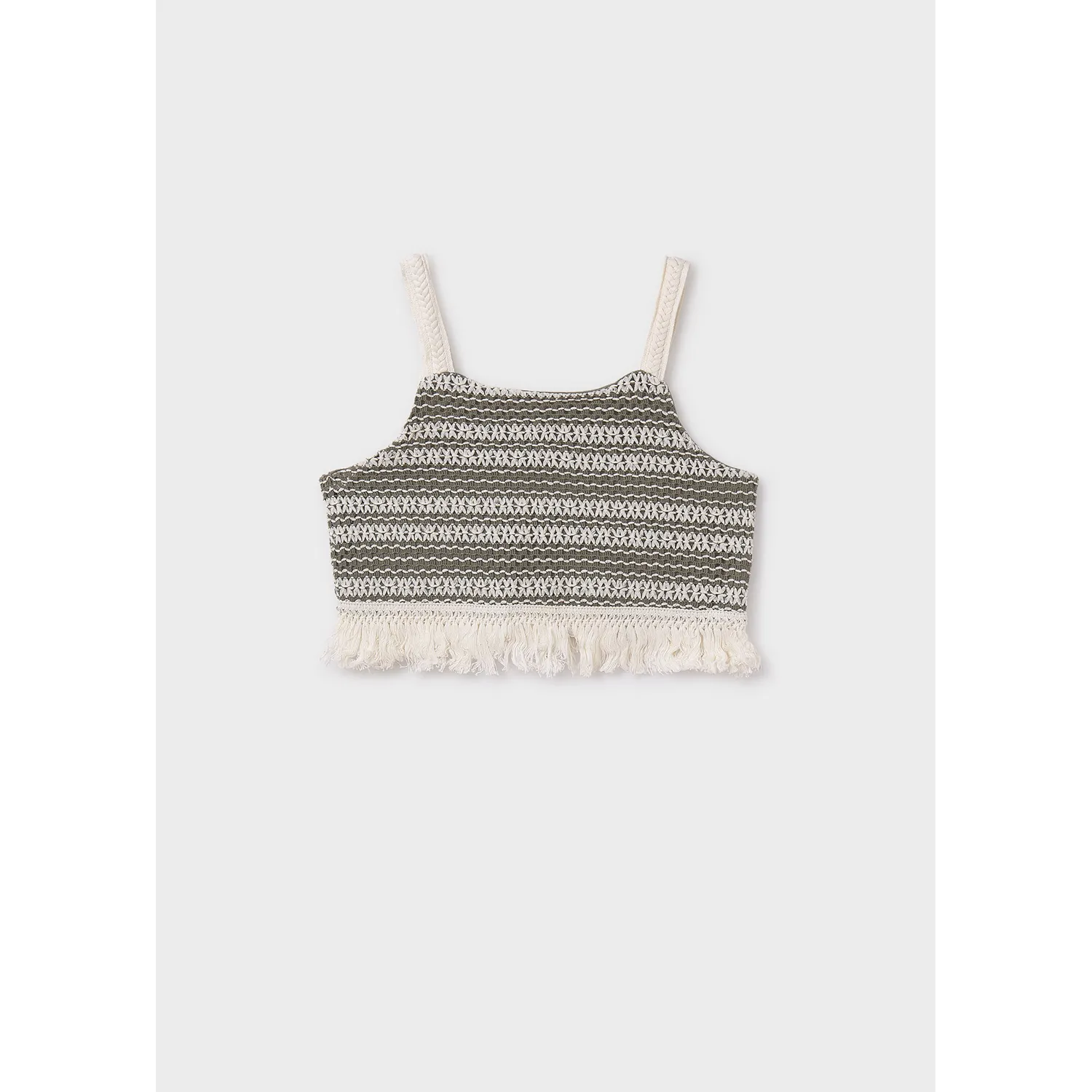 GREEN & CREAM CROCHET CROP TOP WITH FRINGE / 6040-029