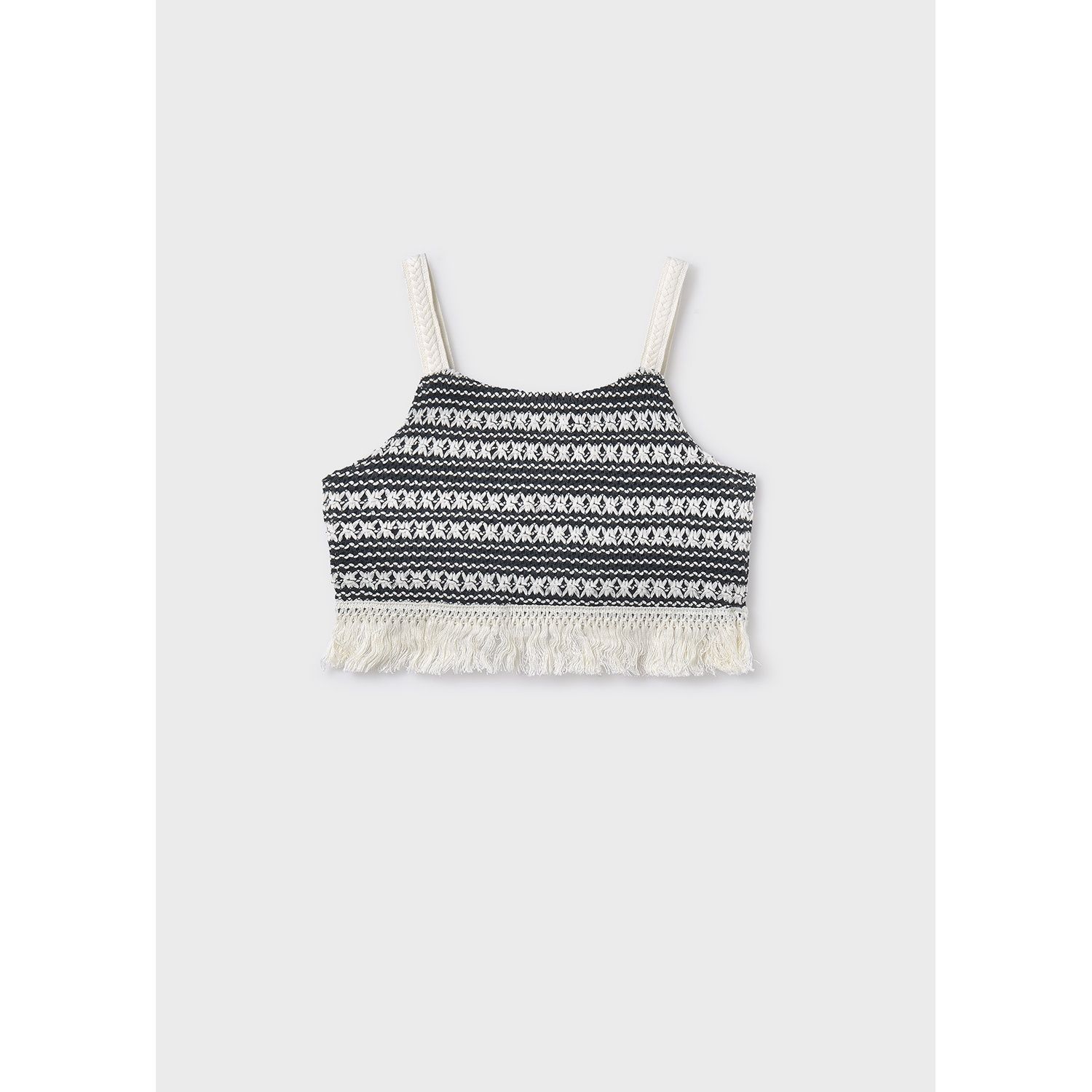 BLACK & WHITE CROCHET CROP TOP WITH FRINGE / 6040-030
