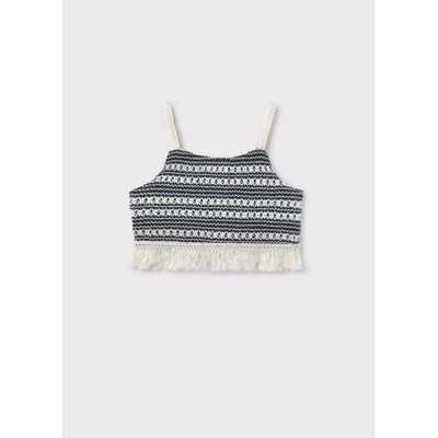 BLACK & WHITE CROCHET CROP TOP WITH FRINGE / 6040-030