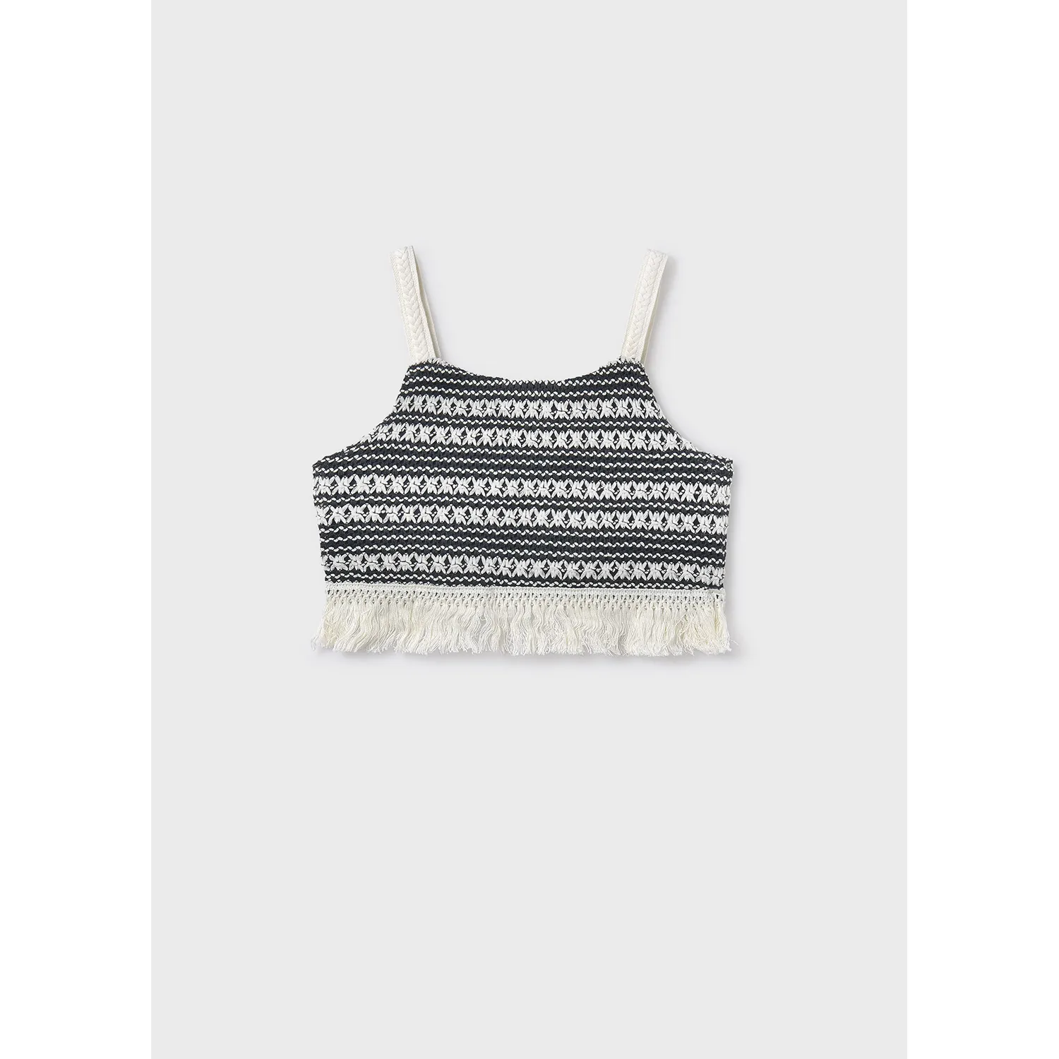 BLACK & WHITE CROCHET CROP TOP WITH FRINGE / 6040-030