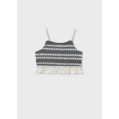 BLACK & WHITE CROCHET CROP TOP WITH FRINGE / 6040-030