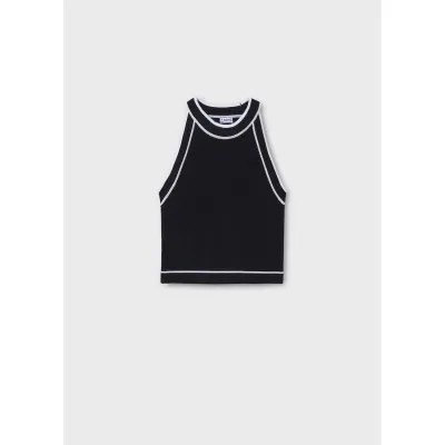 BLACK KNIT TOP SLEEVELESS CREAM TRIM / 6041-035