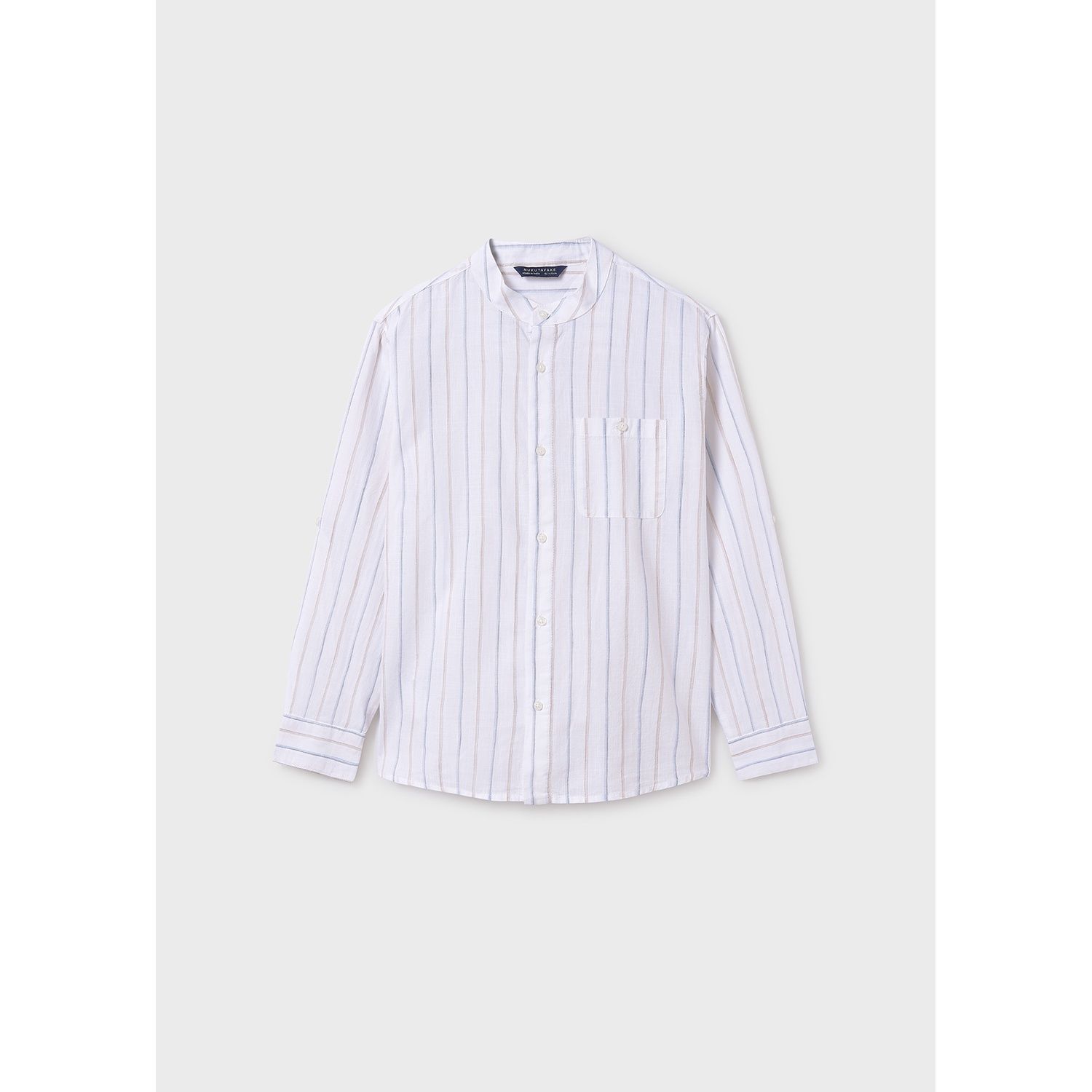 CREAM STRIPED SHIRT MAO COLLAR PULLUP SLEEVE / 6141-052