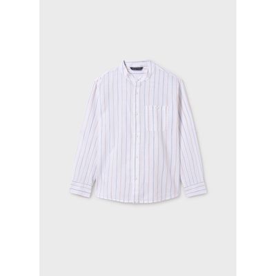 CREAM STRIPED SHIRT MAO COLLAR PULLUP SLEEVE / 6141-052