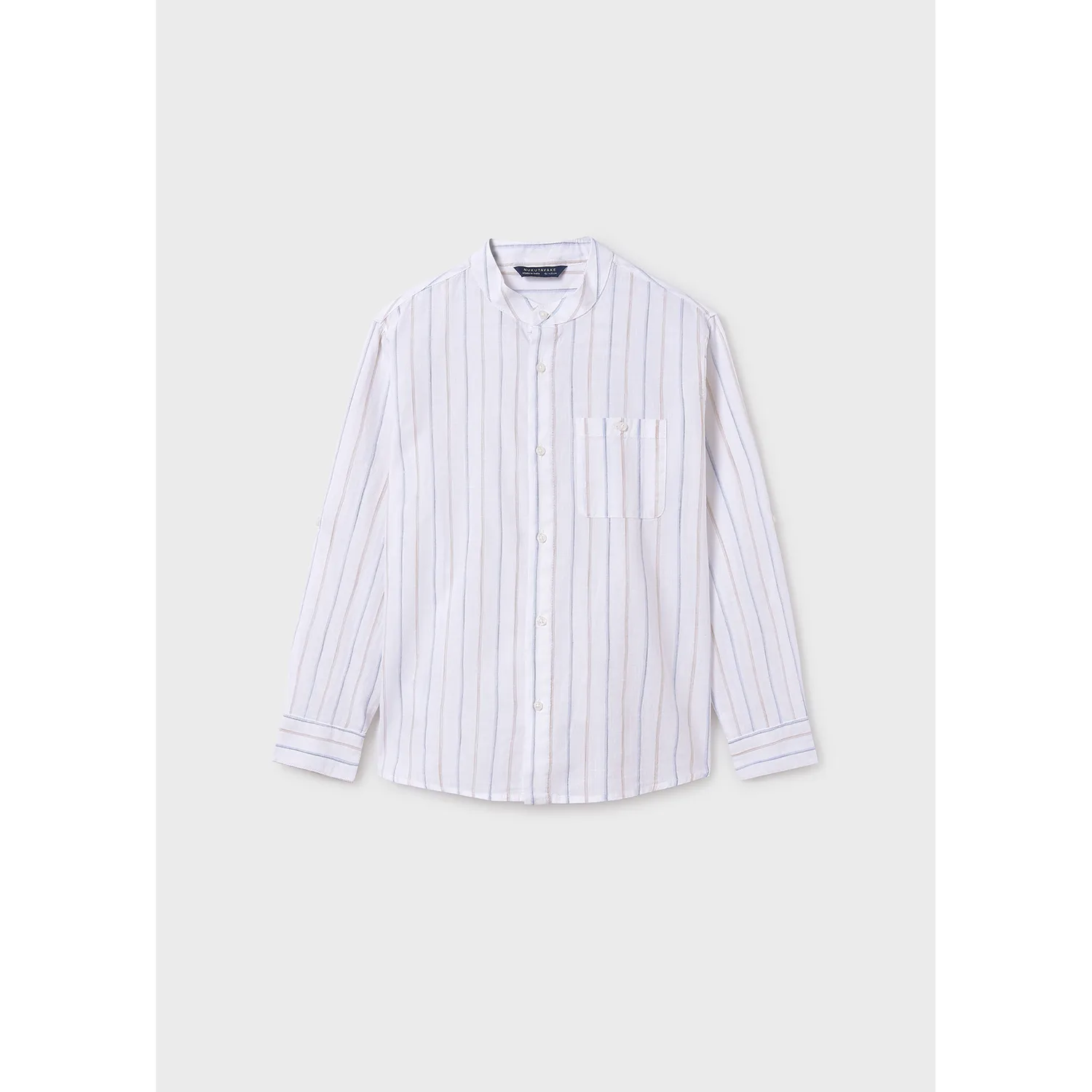 CREAM STRIPED SHIRT MAO COLLAR PULLUP SLEEVE / 6141-052