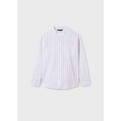 CREAM STRIPED SHIRT MAO COLLAR PULLUP SLEEVE / 6141-052