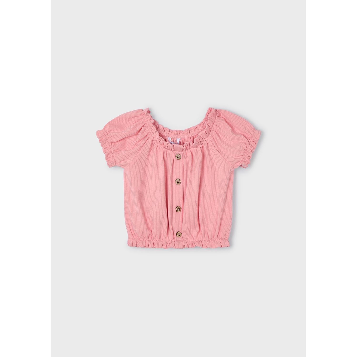 PINK TSHIRT RIBBED BUTTO FLOWER TRIM SHORT SLEEVE / 3008-059