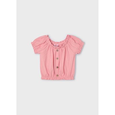 PINK TSHIRT RIBBED BUTTO FLOWER TRIM SHORT SLEEVE / 3008-059
