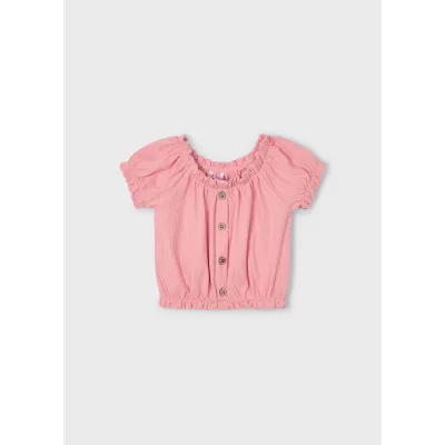 PINK TSHIRT RIBBED BUTTO FLOWER TRIM SHORT SLEEVE / 3008-059