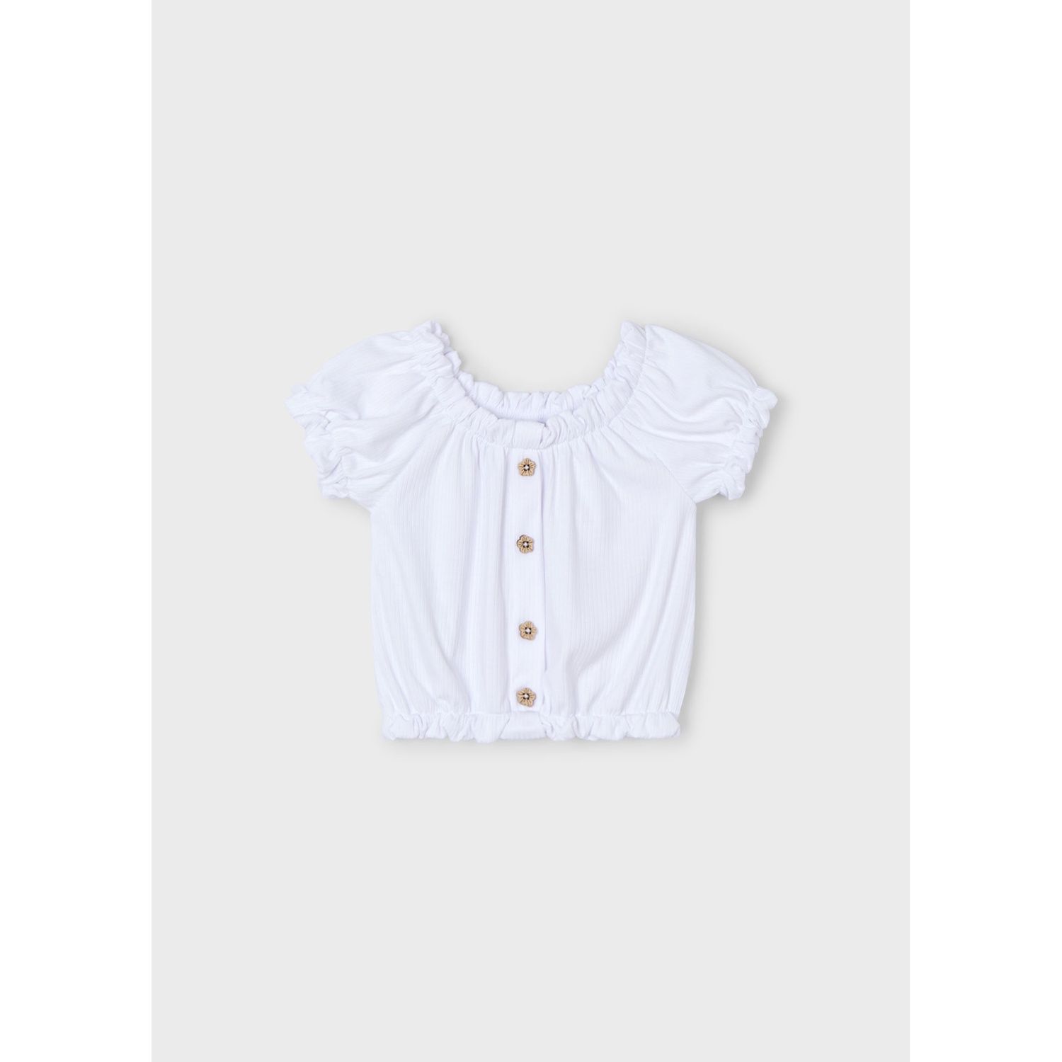 WHITE TSHIRT FLOWER BUTTON TRIM SHORT SLEEVE / 3008-060