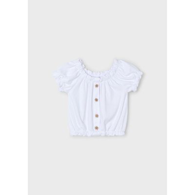 WHITE TSHIRT FLOWER BUTTON TRIM SHORT SLEEVE / 3008-060