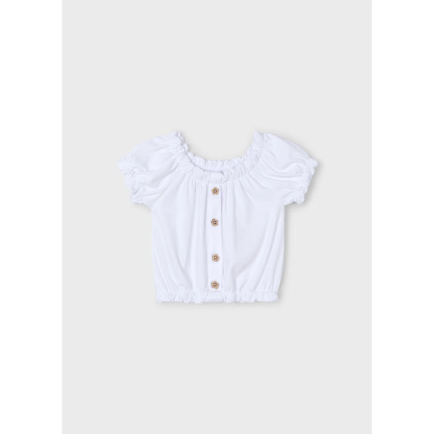WHITE TSHIRT FLOWER BUTTON TRIM SHORT SLEEVE / 3008-060