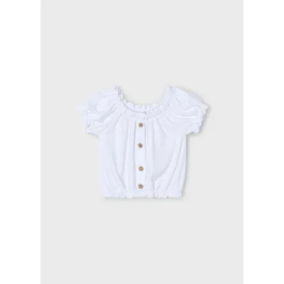 WHITE TSHIRT FLOWER BUTTON TRIM SHORT SLEEVE / 3008-060